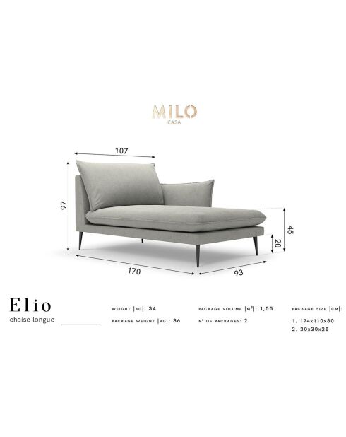Méridienne gauche Elio gris clair - 170x107x97 cm
