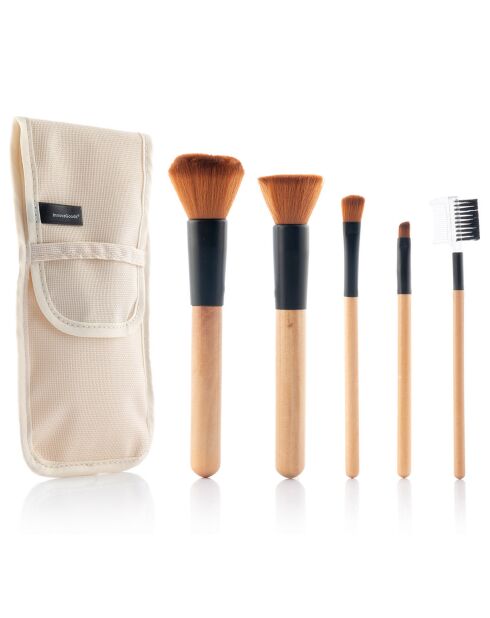 5 Pinceaux de Maquillage en Bois avec Trousse Miset