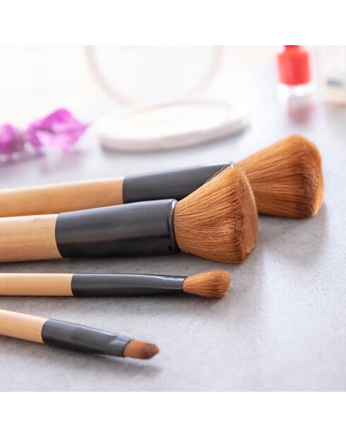 5 Pinceaux de Maquillage en Bois avec Trousse Miset