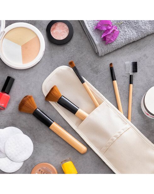 5 Pinceaux de Maquillage en Bois avec Trousse Miset