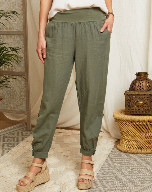 Khakifarbene Hose Louise aus 100% Leinen