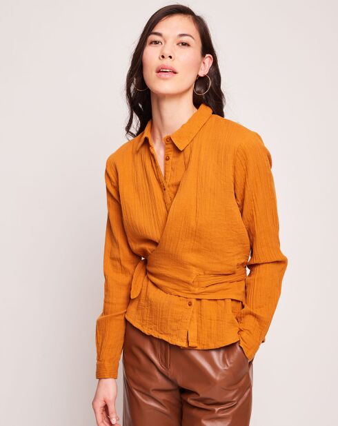 Kapiteinshemd van okerkleurig katoen met gaas