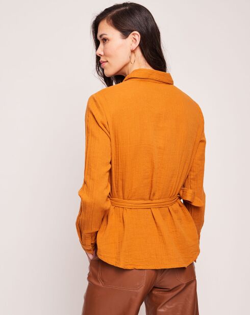 Kapiteinshemd van okerkleurig katoen met gaas