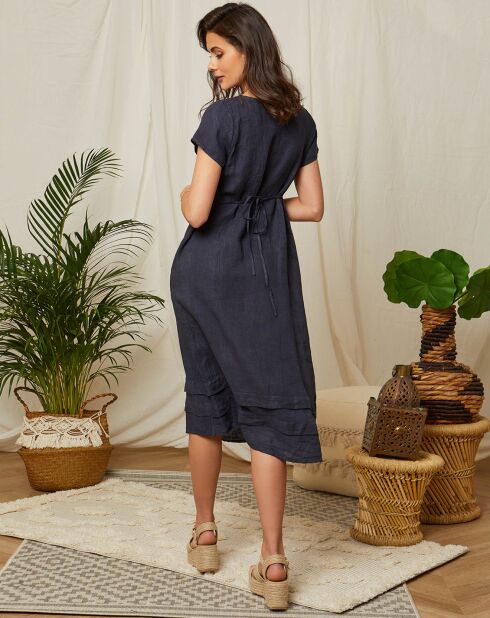 Marineblauwe jurk van 100% linnen Elizabeth