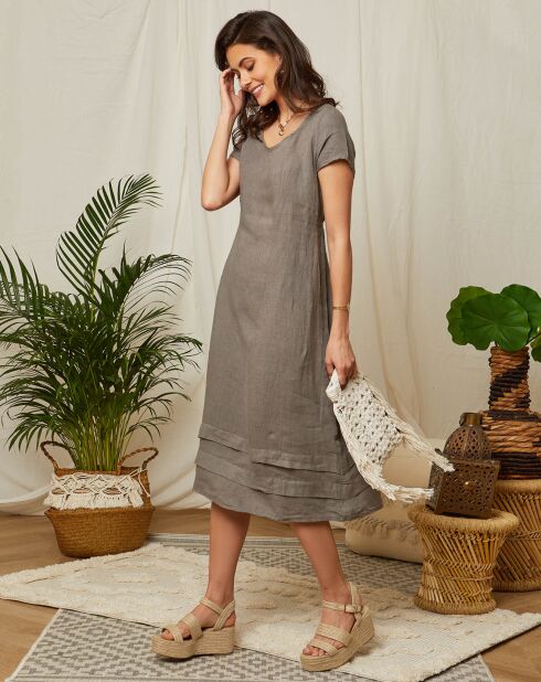 Elizabeth taupefarbenes Kleid aus 100% Leinen