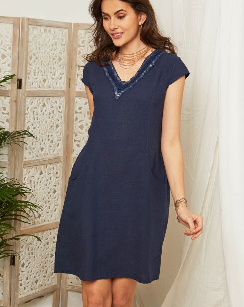 Marineblaues Kleid Solene aus 100% Leinen