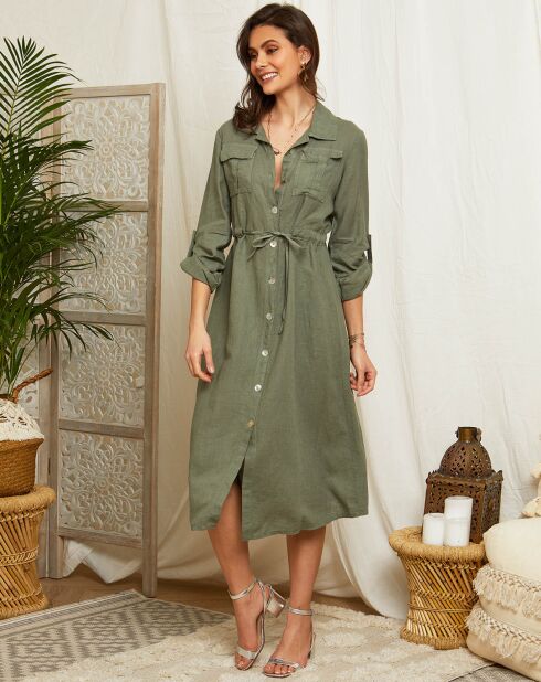 Terni kaki groene jurk van 100% linnen