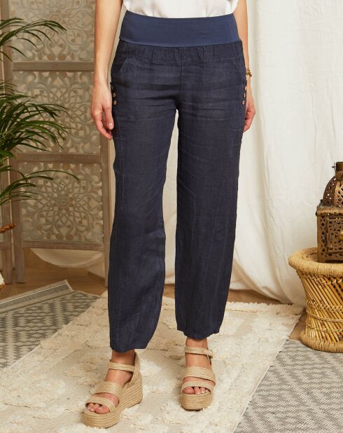 Navyblaue Prato-Hose aus 100% Leinen