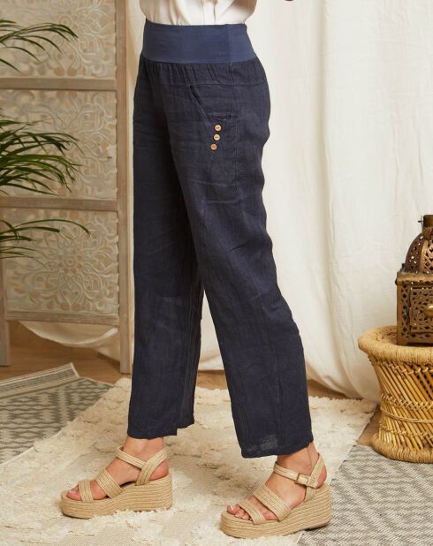 Navyblaue Prato-Hose aus 100% Leinen