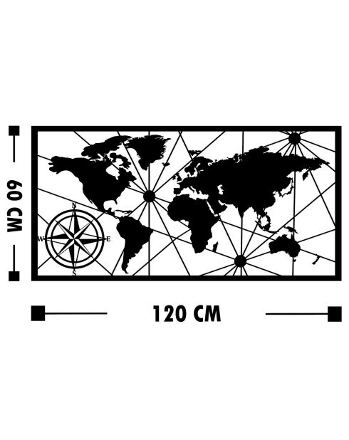 Wanddekoration aus Metall Schwarze Weltkarte - 120x60 cm