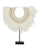 Collier beige et blanc en plumes et coquillages blanc/noir - 40x10x44 cm