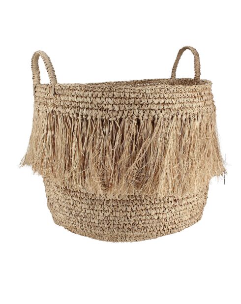 Cestino con frange in rafia naturale con manici marroni - D.50x49 cm