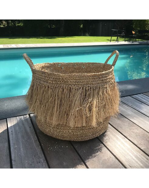 Cestino con frange in rafia naturale con manici marroni - D.50x49 cm