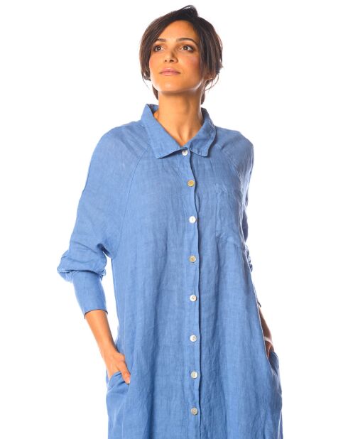 Robe chemise longue 100% Lin Kalmie bleue