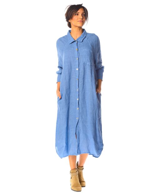 Robe chemise longue 100% Lin Kalmie bleue