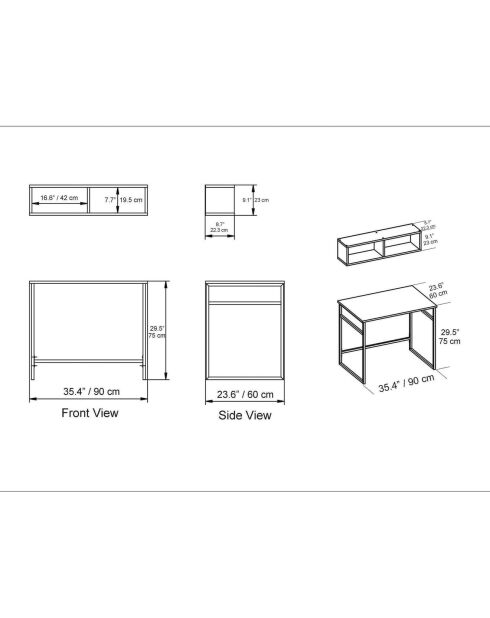 Bureau + Etagère murale Gama blanc/doré - 90x60x75 cm