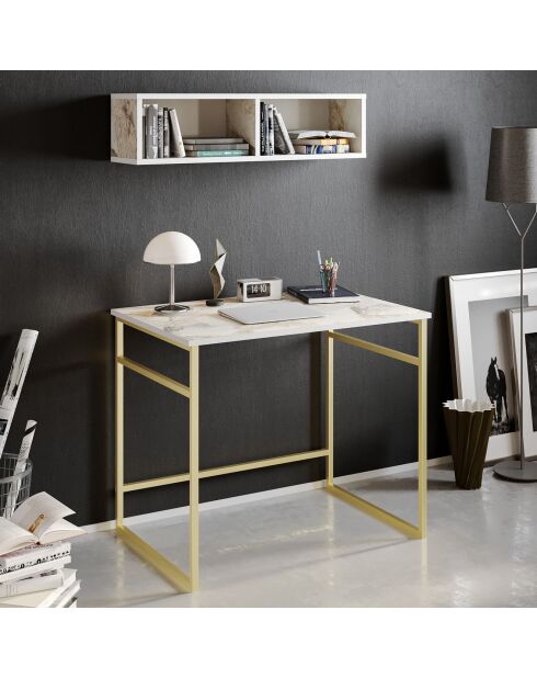 Bureau + Etagère murale Gama blanc/doré - 90x60x75 cm