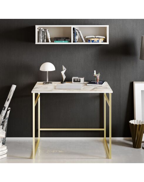 Bureau + Etagère murale Gama blanc/doré - 90x60x75 cm