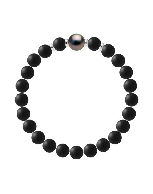 Tahiti-Armband aus Silber, mattschwarzem Achat und runder Tahiti-Perle