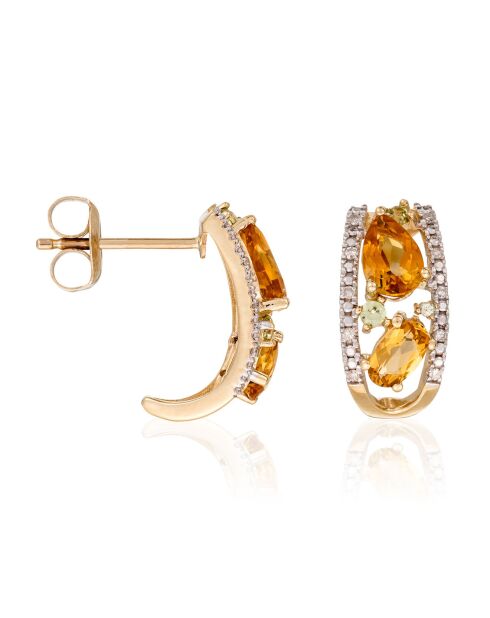 Boucles d'oreilles Olivines Diamant 0.06 ct, Péridot 0.16 ct & Citrine 1.28 ct Or jaune