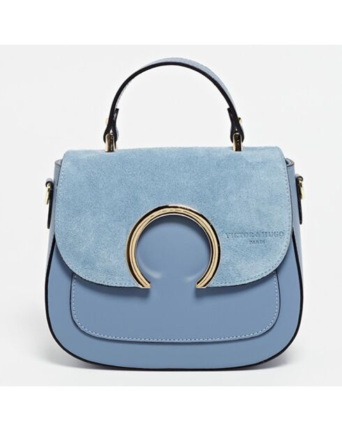 Sac à main en Cuir & Velours de Cuir Mina bleu - 24x19x10.5 cm