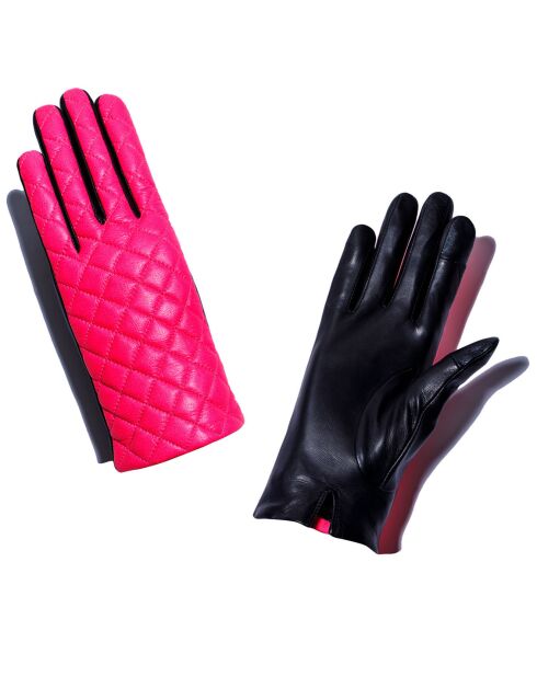 Gants en Cuir d'Agneau doublure Soie Rose N°1 Neon rose fluo/noir