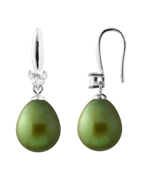 Boucles d'oreilles Joaillerie en Argent, Zircones & Perles d'Eau Douce poire vert malachite