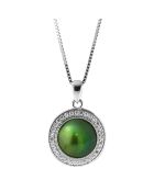 Collier en Argent, Zircones & Perle d'Eau Douce bouton vert malachite