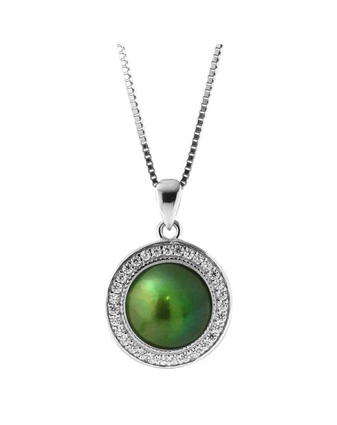 Collier en Argent, Zircones & Perle d'Eau Douce bouton vert malachite