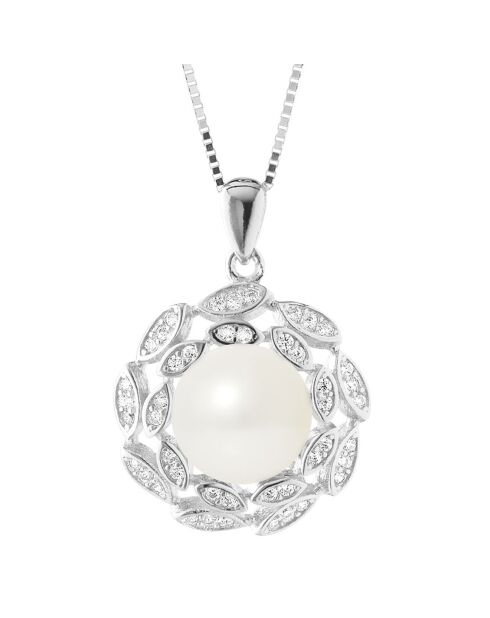 Collana in argento, zirconi e perle d'acqua dolce con bottone bianco in madreperla naturale
