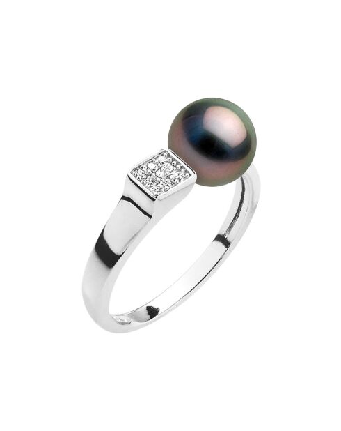 Bague Jonc ajustable en Argent, Zircones & Perle de Tahiti ronde