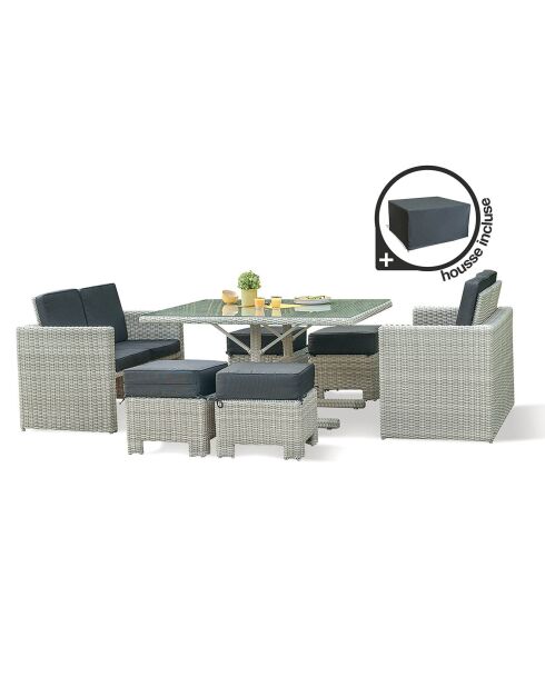 Ensemble de jardin Table Océane 8 personnes en résine tressée & housse de protection crème