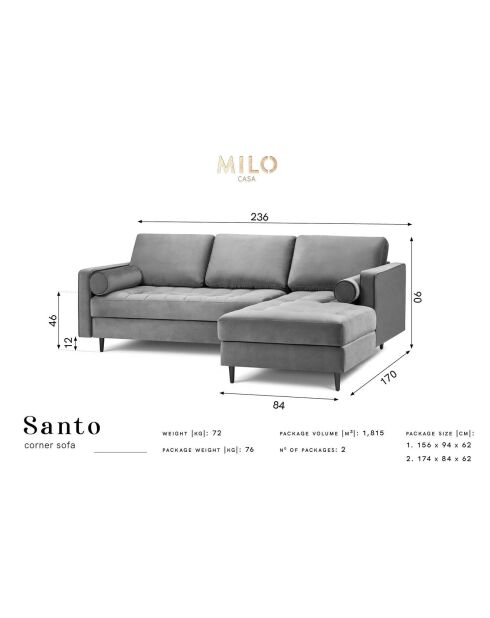 Santo Velours 4-zitsbank, roze, rechter hoekbank, 236x170x90 cm