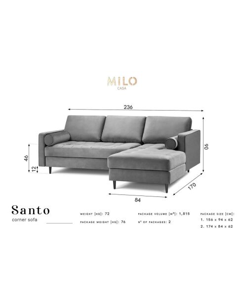 Canapé d'angle droit Velours Santo 4 Places rose - 236x170x90 cm