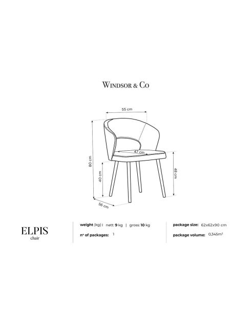 Chaise en Velours Elpis grise - 55x56x80 cm