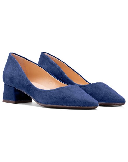 Manitas June de piel y terciopelo, color azul marino, tacón de 3 cm
