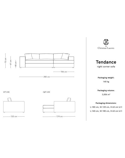 Trendiges 5-Sitzer-Ecksofa, hellgrau, für rechts, 282 x 174 x 72 cm