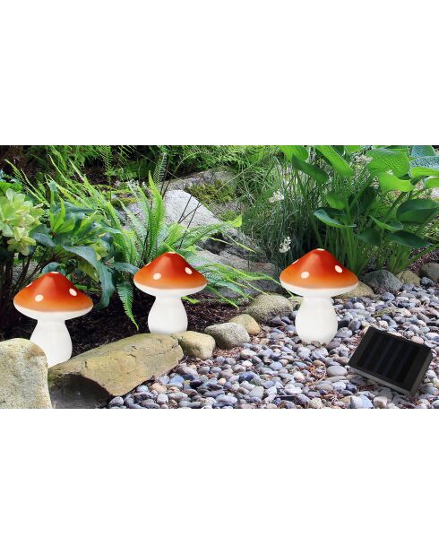 3 Lampes solaires champignons rouge/blanc - 8x8x9.8 cm