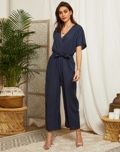 Marineblauwe jumpsuit van 100% linnen van Armelle