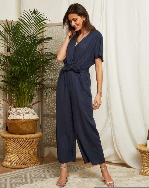 Marineblauwe jumpsuit van 100% linnen van Armelle