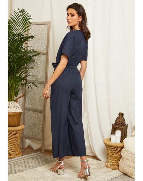 Marineblauwe jumpsuit van 100% linnen van Armelle