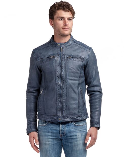 Blouson en Cuir Biker Lucenzo bleu