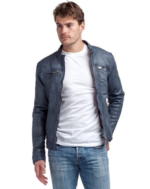 Blouson en Cuir Biker Lucenzo bleu