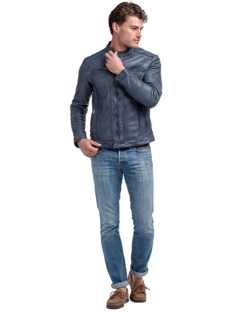 Blouson en Cuir Biker Lucenzo bleu