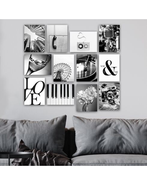 12 Tableaux décoratifs noir/blanc - 20x15 cm