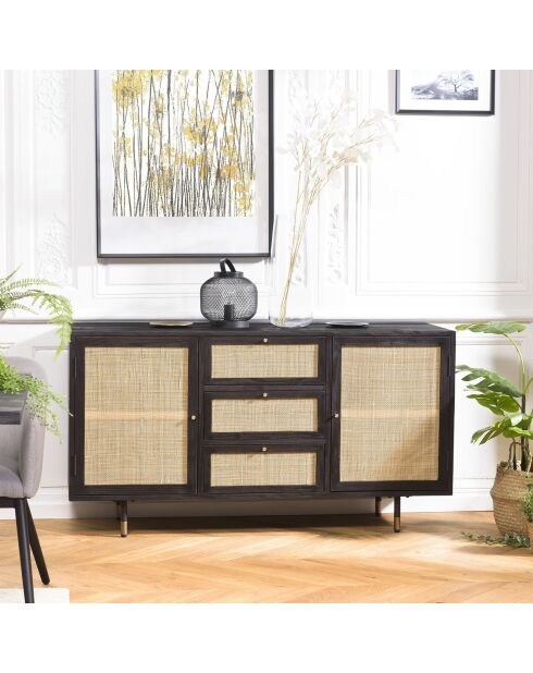 Buffet 3 tiroirs & 2 portes Yanis beige/noir - 150x45.2x80.5 cm