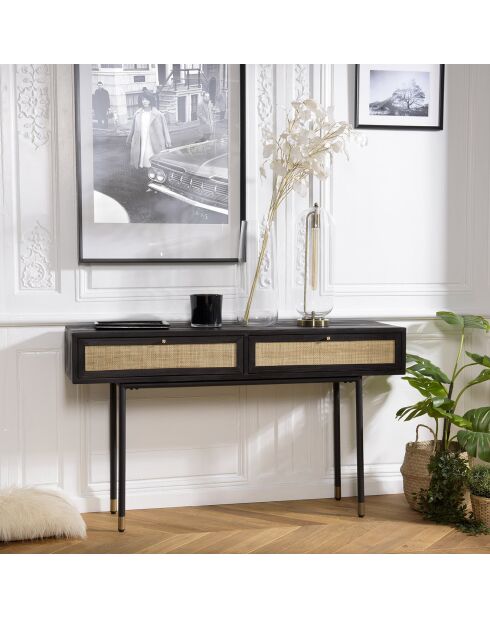 Console 2 tiroirs Yanis beige/noir - 140x35x80.5 cm