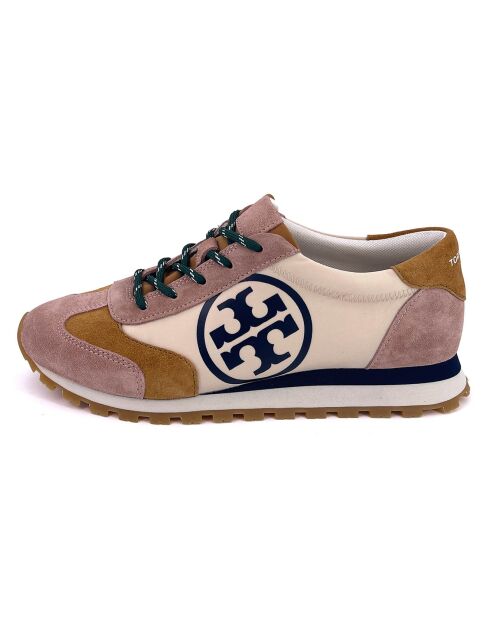 Baskets en Velours de Cuir & Toile Annie crème/camel/rose