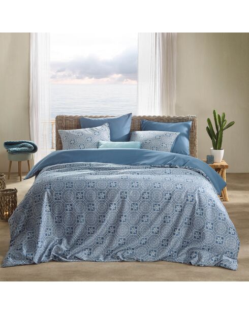 Parure housse de couette satin de coton Henna bleue