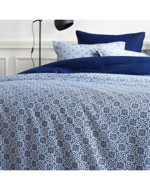 Parure housse de couette satin de coton Eloise réversible bleue